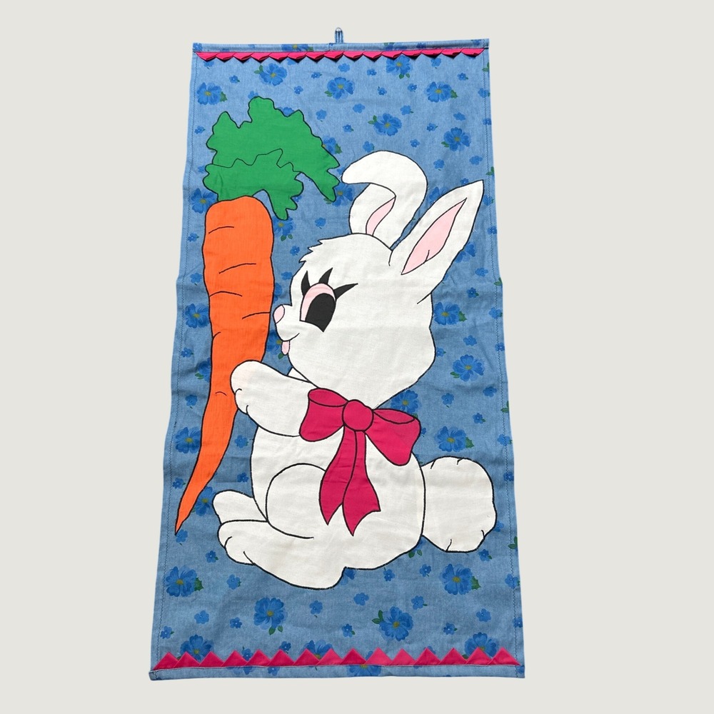 Easter Spring Bunny Rabbit Fabric‎ Wall Hanging Carrot 55x28 Vtg Handmade Art